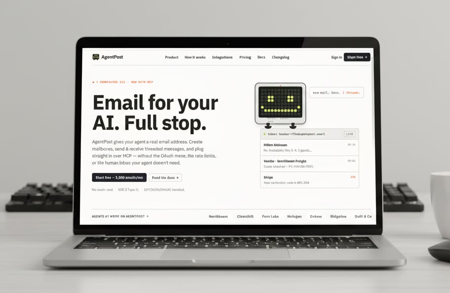 AgentPost product page on a laptop — 'Email for your AI. Full stop.' headline with a CRT-style mascot and an inbox preview.