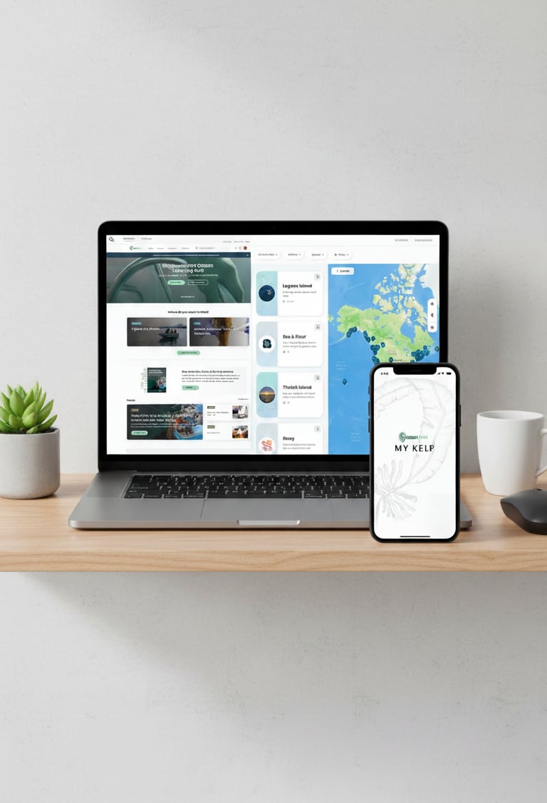 GreenWave's Seaweed Source web app on a laptop with the My Kelp companion mobile app alongside, on a wooden desk.