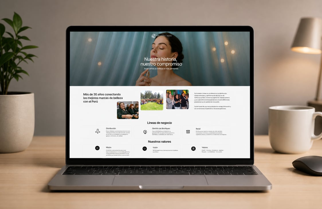 Perfumerías Unidas corporate site on a laptop — 'Nuestra historia, nuestro compromiso' hero with a perfume model and the company's mission, vision, and business-line cards below.